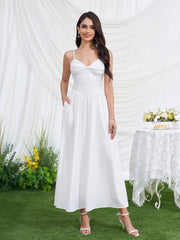 Deep V-Neck Backless Ruched Pocket Cami Dress
