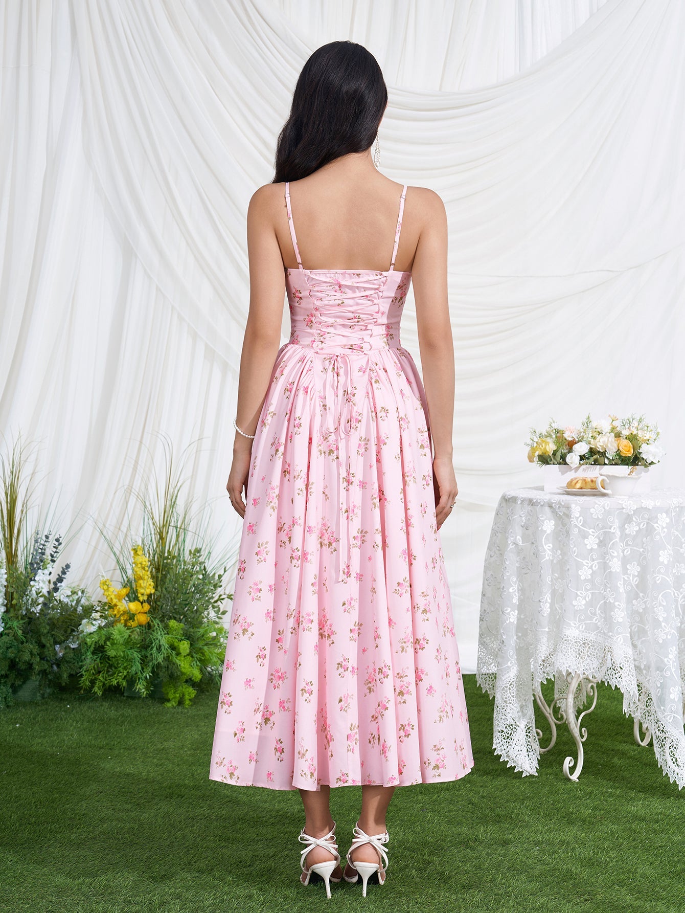 Deep V-Neck Crisscross Back Floral Print Dress