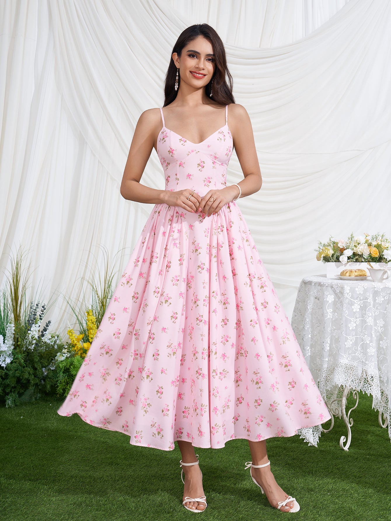 Deep V-Neck Crisscross Back Floral Print Dress