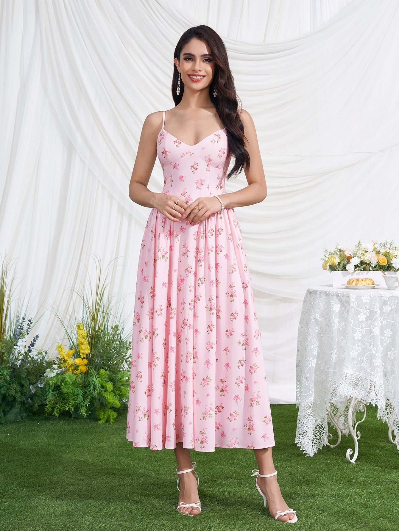Deep V-Neck Crisscross Back Floral Print Dress