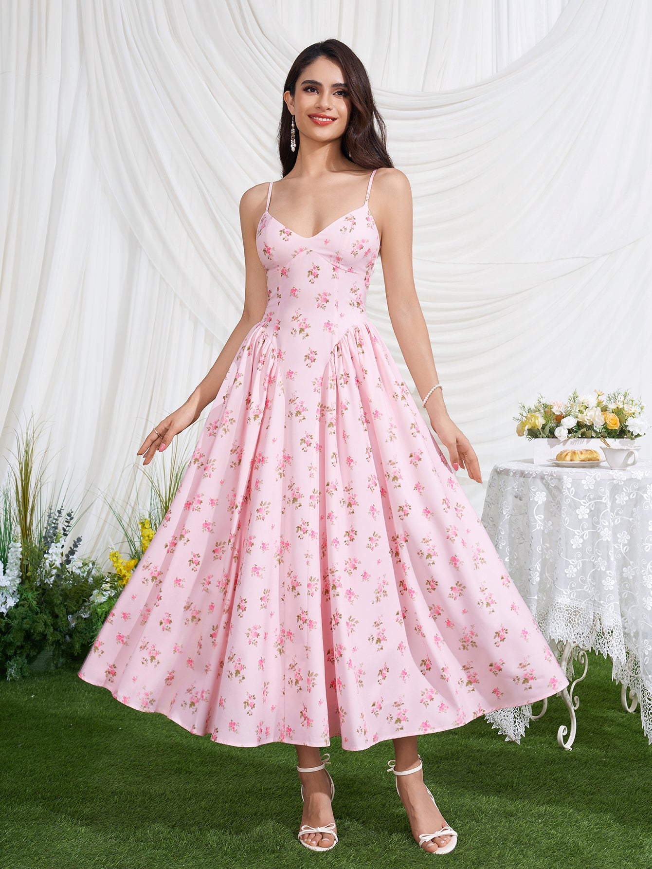 Deep V-Neck Crisscross Back Floral Print Dress
