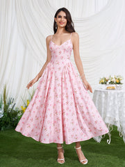 Deep V-Neck Crisscross Back Floral Print Dress
