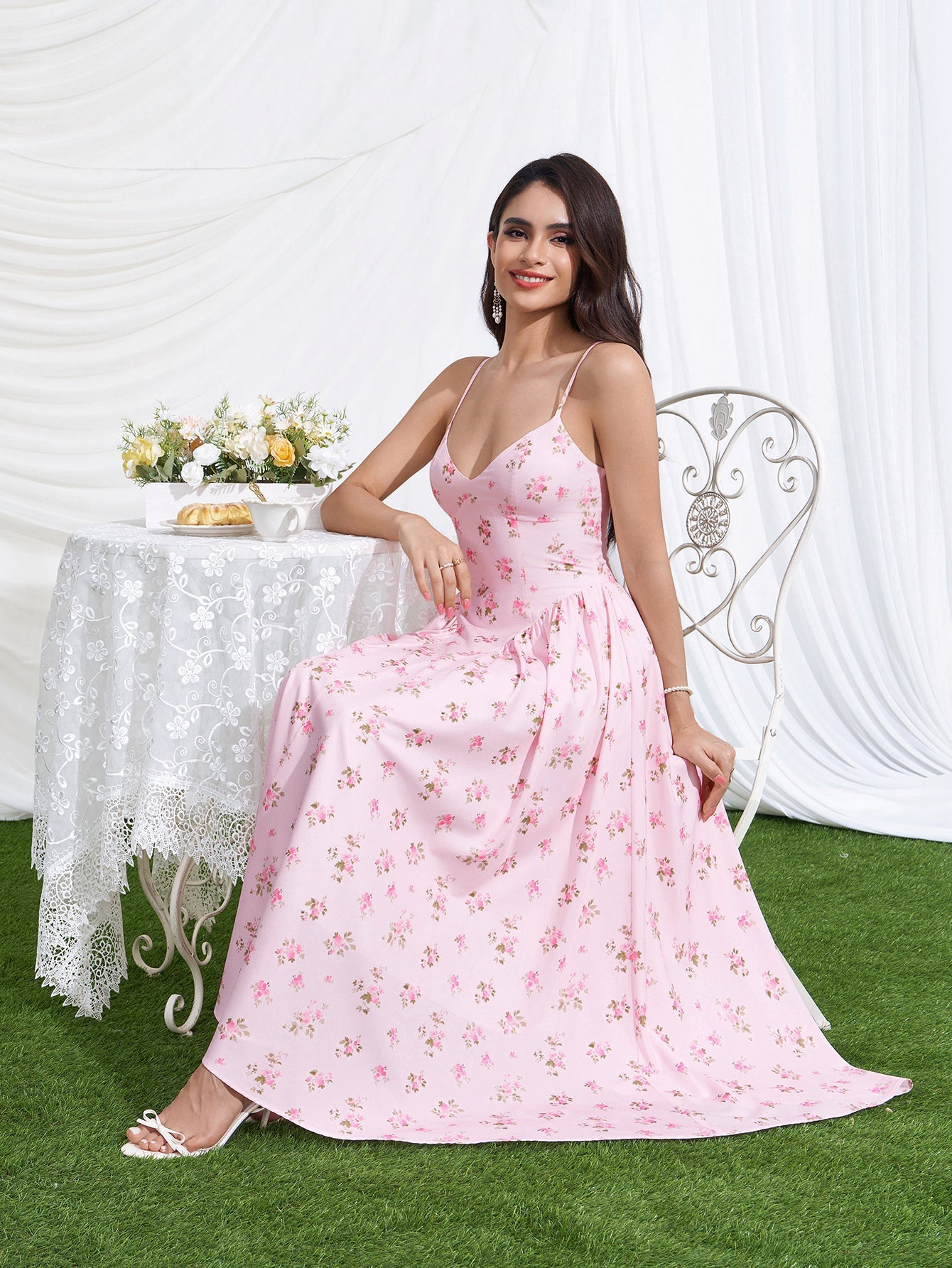 Deep V-Neck Crisscross Back Floral Print Dress