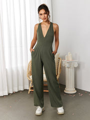 Deep V-Neck Crisscross Back Pocket Jumpsuit