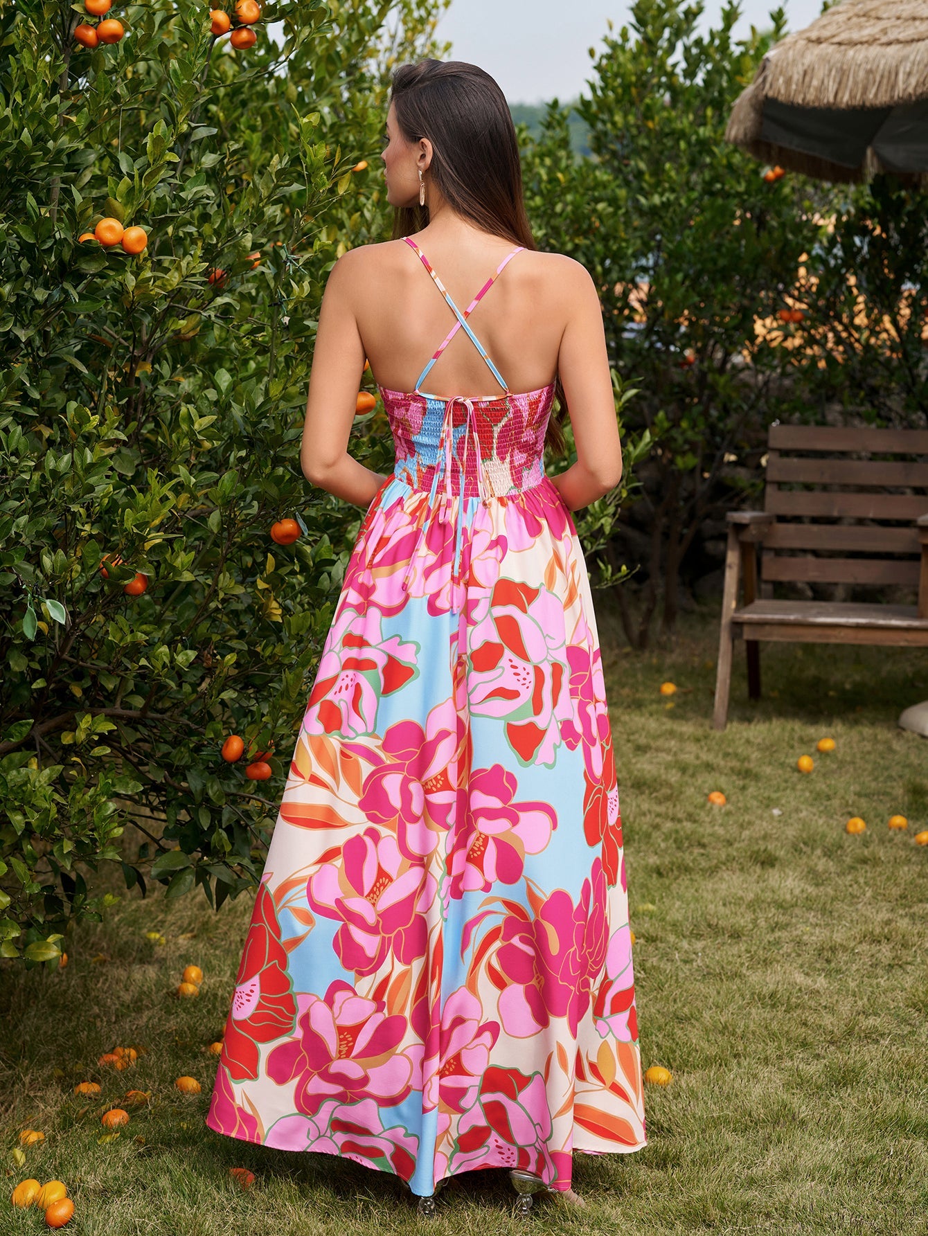 Deep V-Neck Crisscross Tie Back Floral Print Dress