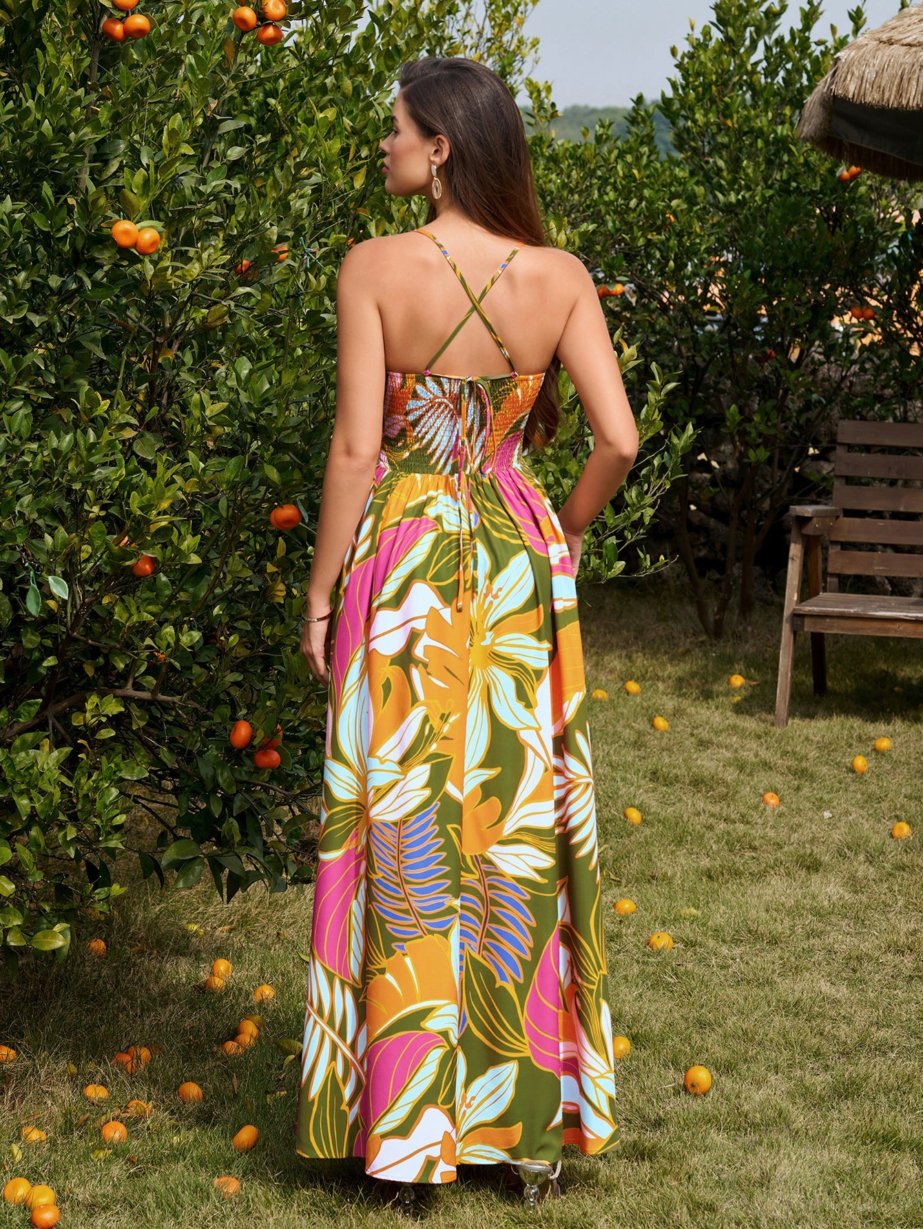 Deep V-Neck Crisscross Tie Back Floral Print Dress