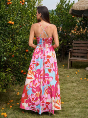 Deep V-Neck Crisscross Tie Back Floral Print Dress