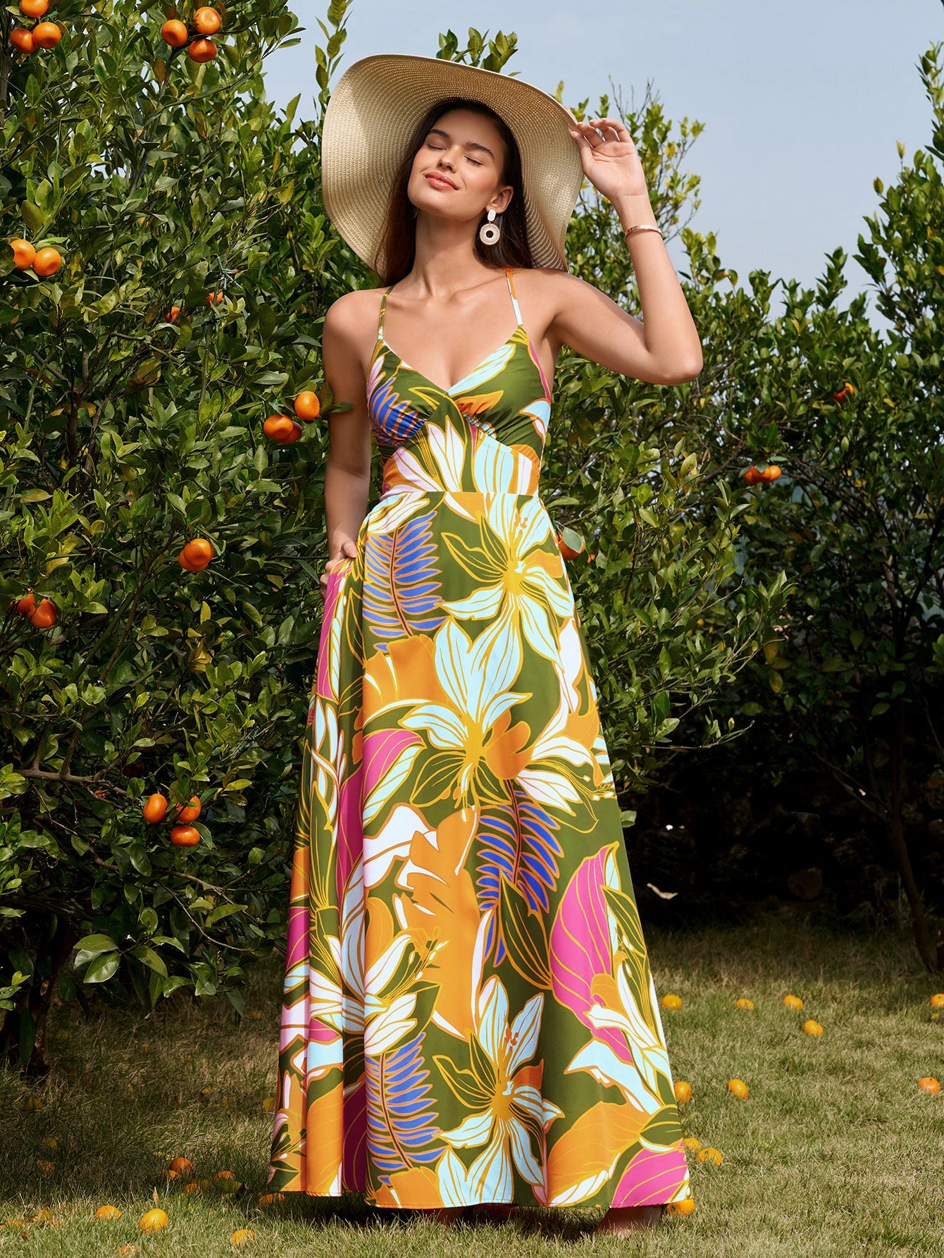 Deep V-Neck Crisscross Tie Back Floral Print Dress