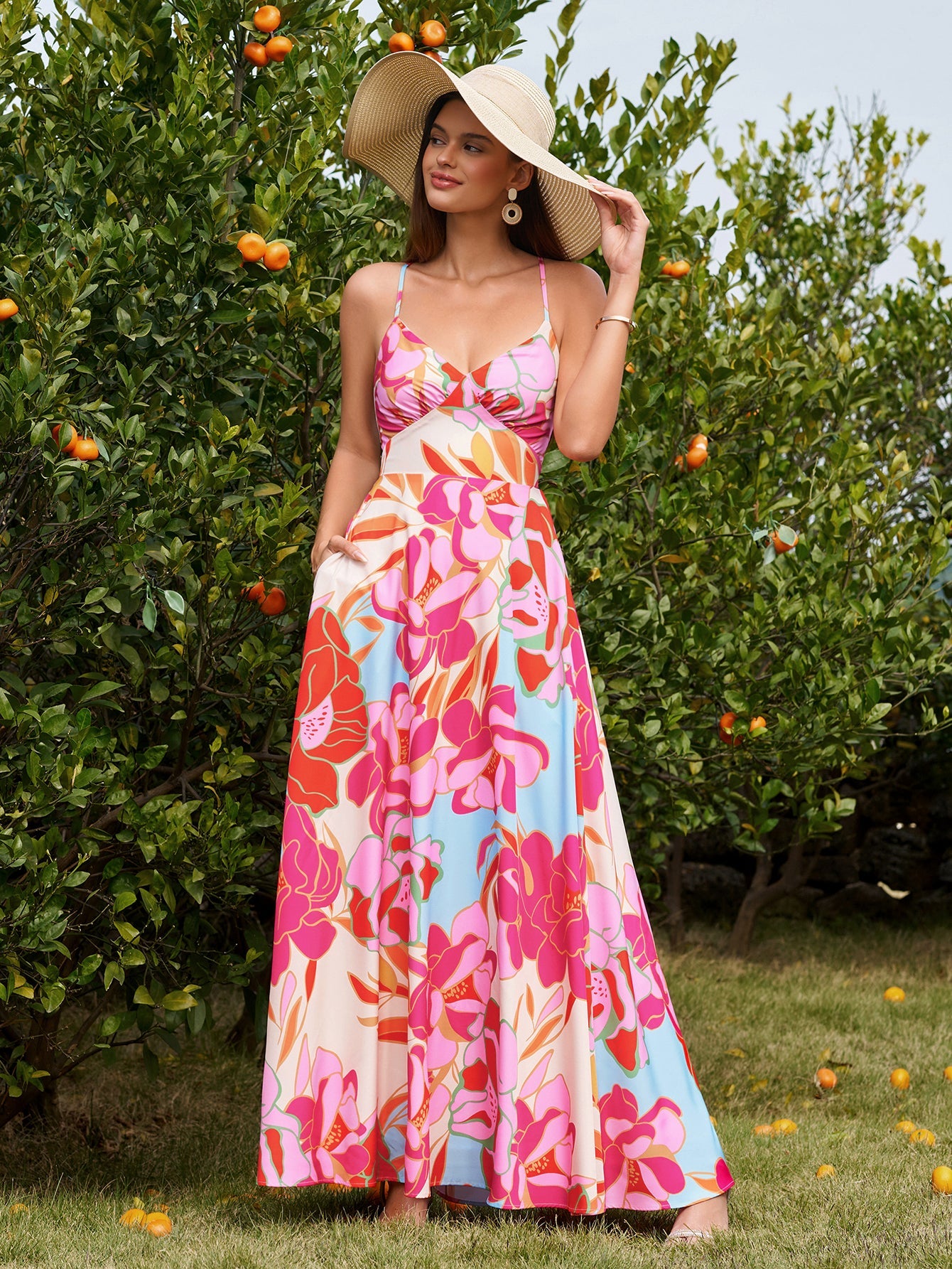 Deep V-Neck Crisscross Tie Back Floral Print Dress