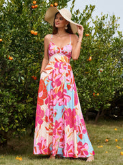 Deep V-Neck Crisscross Tie Back Floral Print Dress