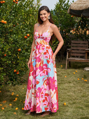 Deep V-Neck Crisscross Tie Back Floral Print Dress