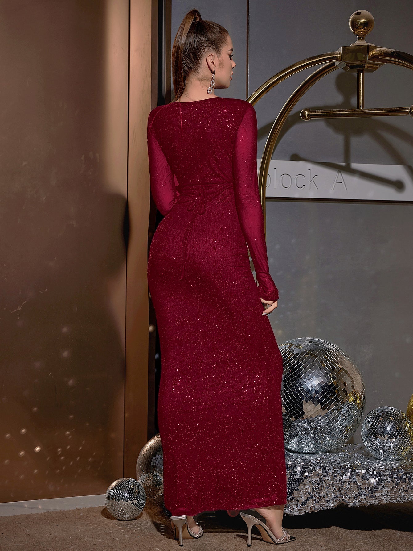 Deep V-Neck Crisscross Tie Front Glitter Bodycon Dress