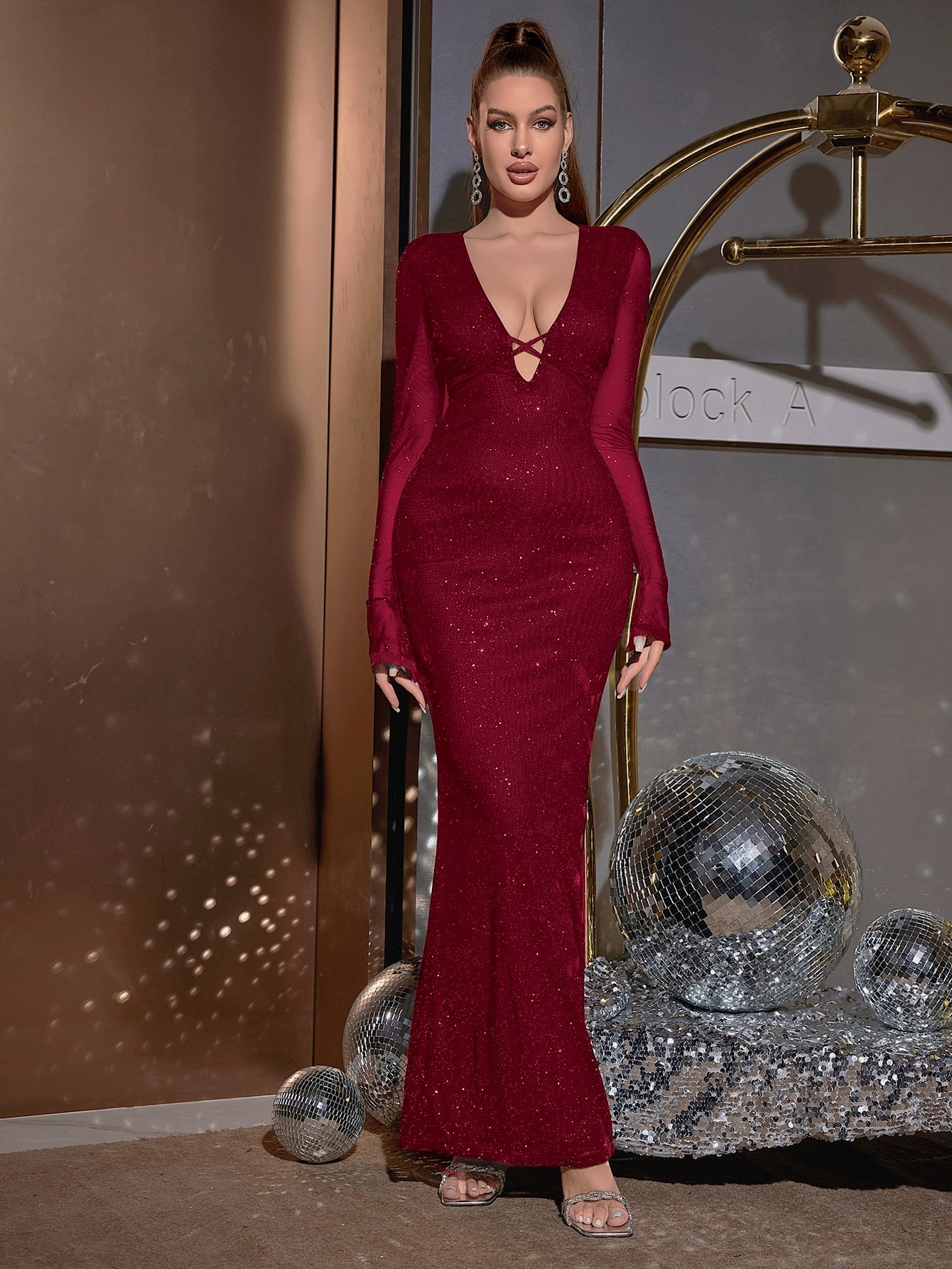 Deep V-Neck Crisscross Tie Front Glitter Bodycon Dress