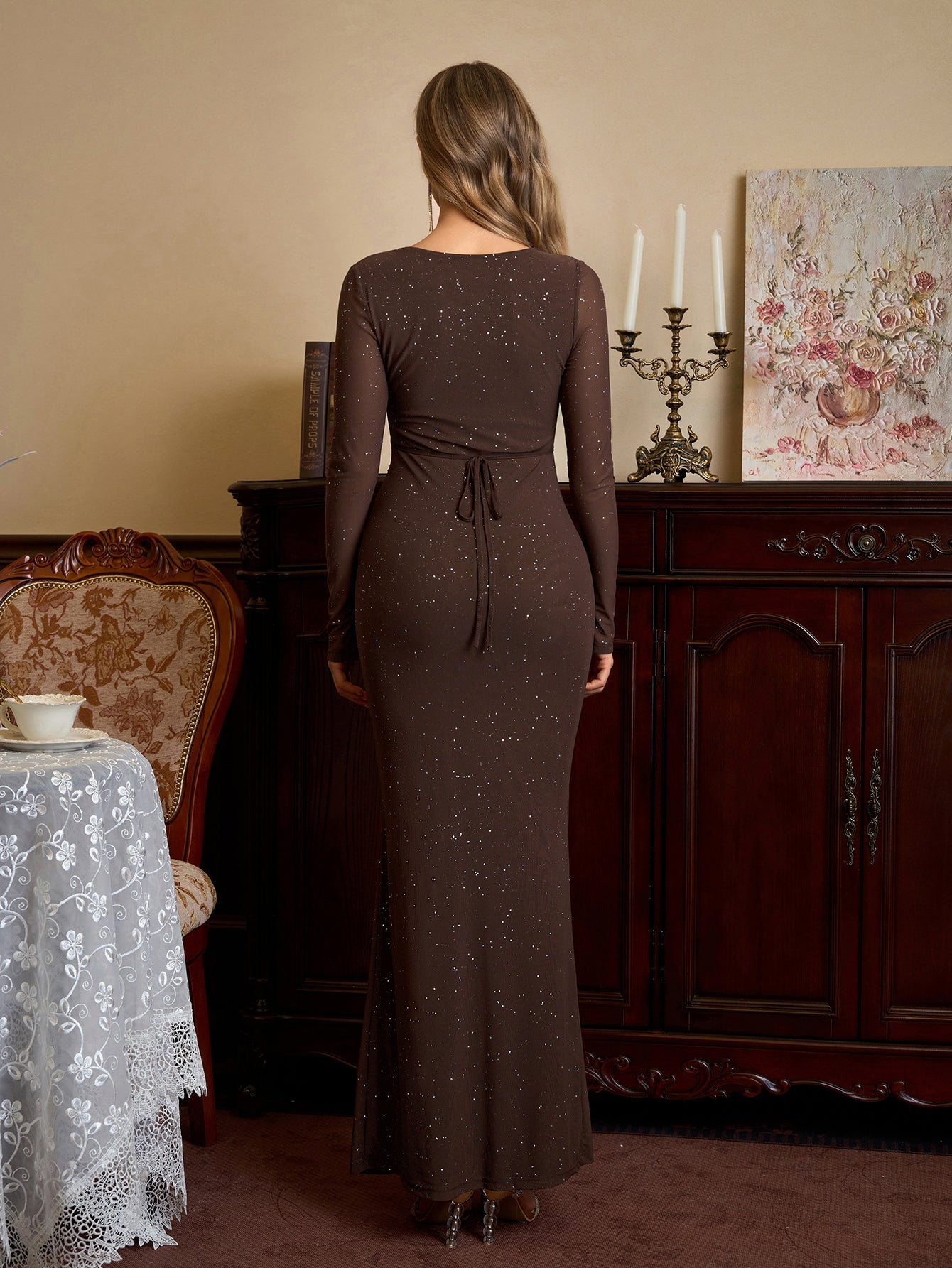 Deep V-Neck Crisscross Tie Front Glitter Bodycon Dress