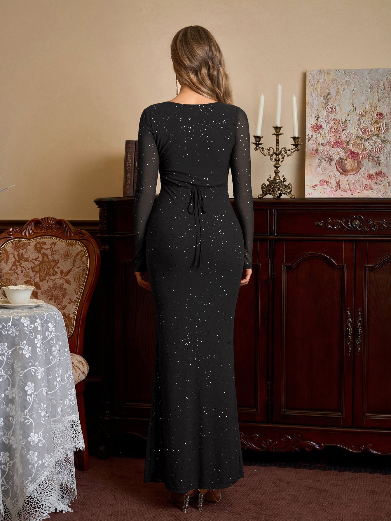 Deep V-Neck Crisscross Tie Front Glitter Bodycon Dress
