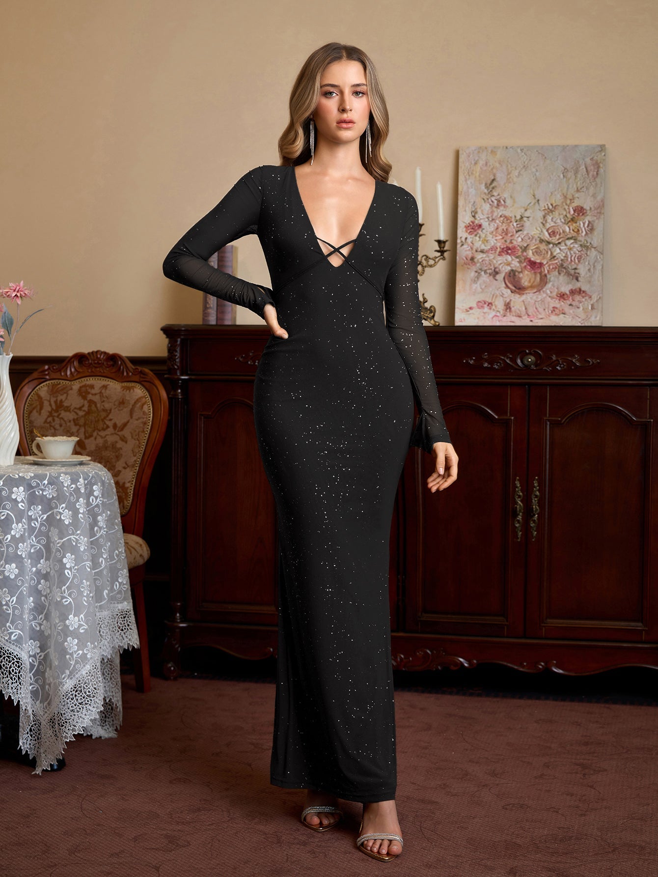 Deep V-Neck Crisscross Tie Front Glitter Bodycon Dress