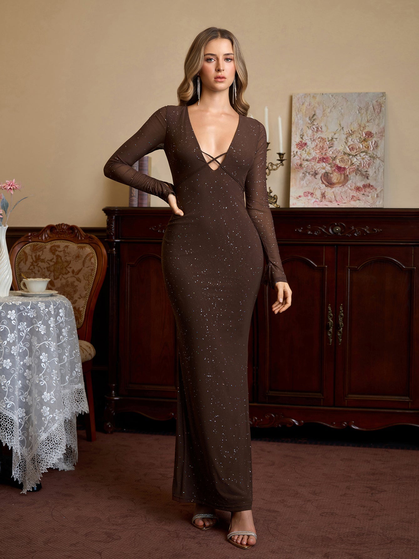 Deep V-Neck Crisscross Tie Front Glitter Bodycon Dress