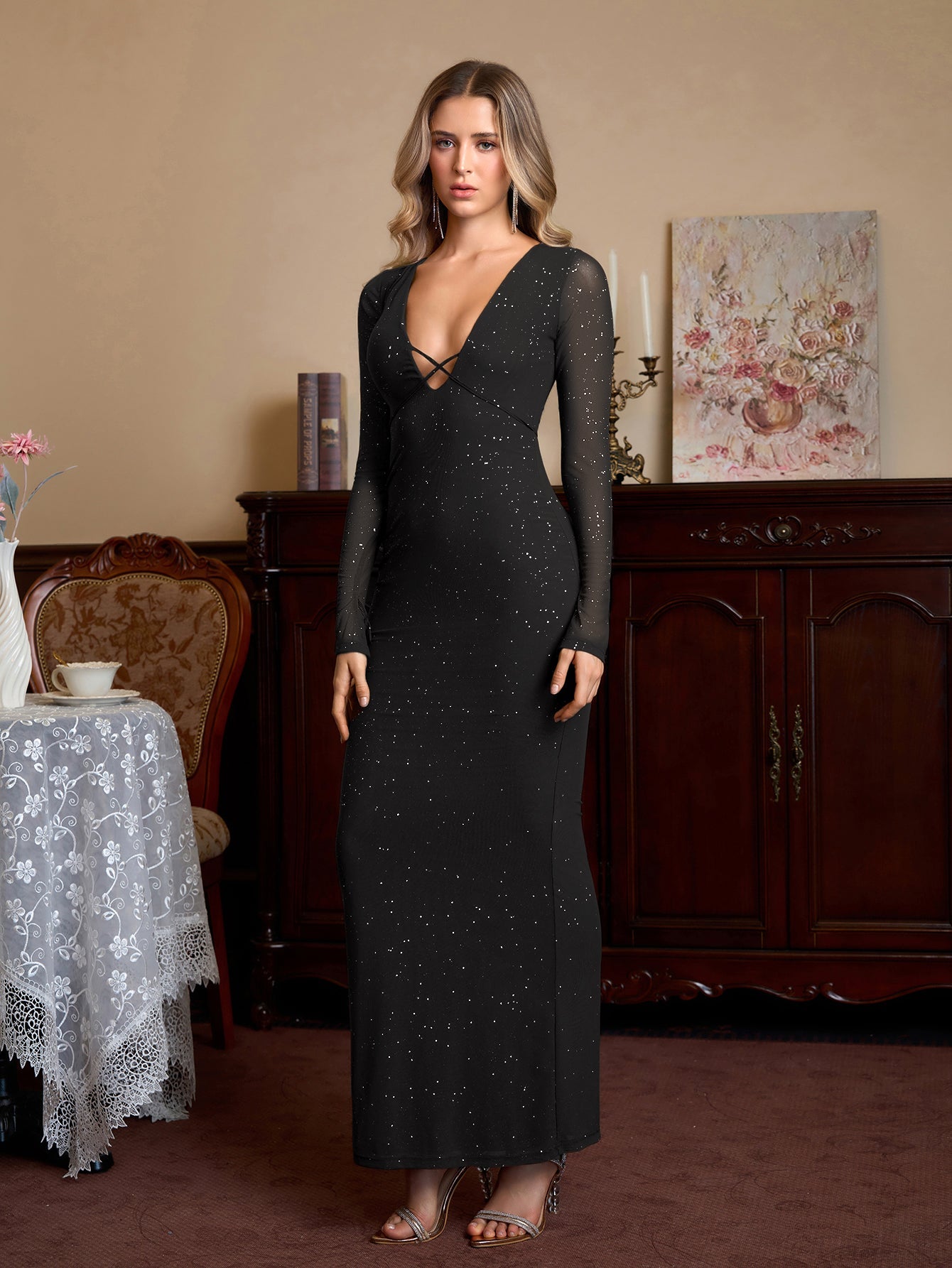 Deep V-Neck Crisscross Tie Front Glitter Bodycon Dress