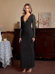 Deep V-Neck Crisscross Tie Front Glitter Bodycon Dress