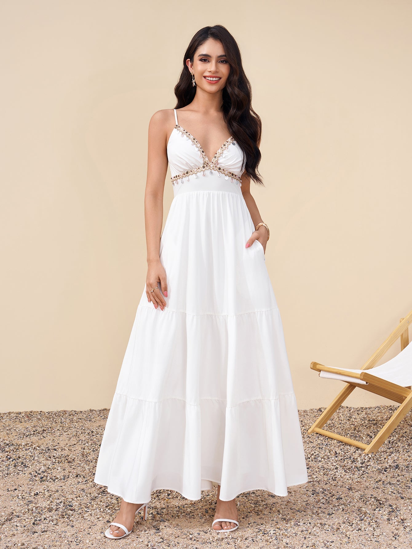 Deep V-Neck Embellished Ruched Pocket Cami Dress