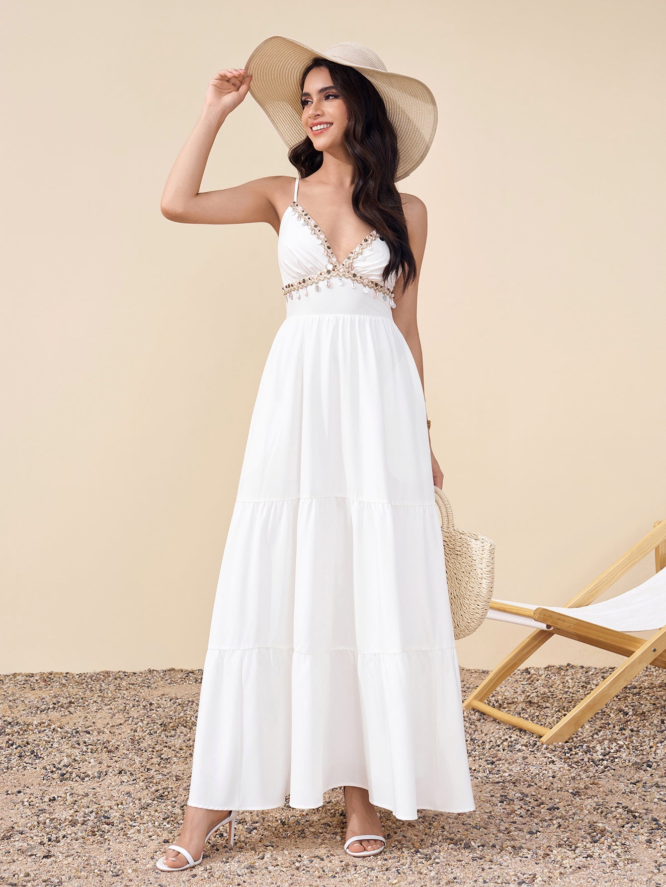 Deep V-Neck Embellished Ruched Pocket Cami Dress
