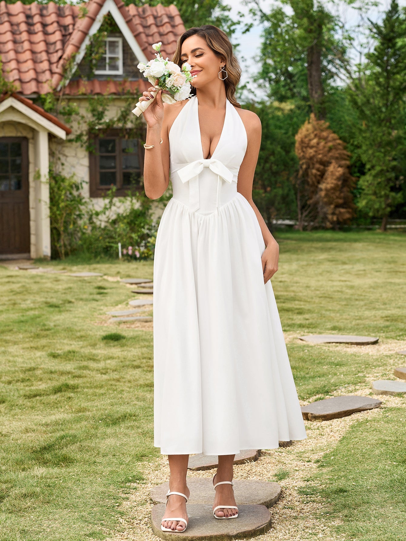 Deep V-Neck Halter Bow Decoration Backless Dress