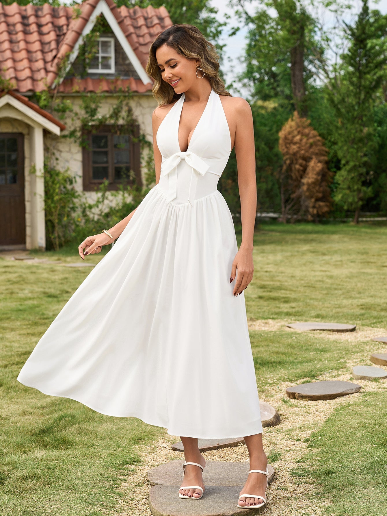 Deep V-Neck Halter Bow Decoration Backless Dress