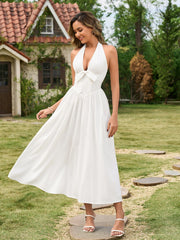 Deep V-Neck Halter Bow Decoration Backless Dress