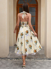 Deep V-Neck Halter Lace Spliced Floral Dress