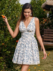 Deep V-Neck Lace Trim Crisscross Floral Print Dress