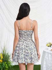 Deep V-Neck Lace Trim Floral Print Mini Dress