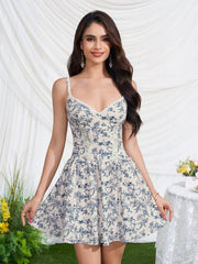 Deep V-Neck Lace Trim Floral Print Mini Dress