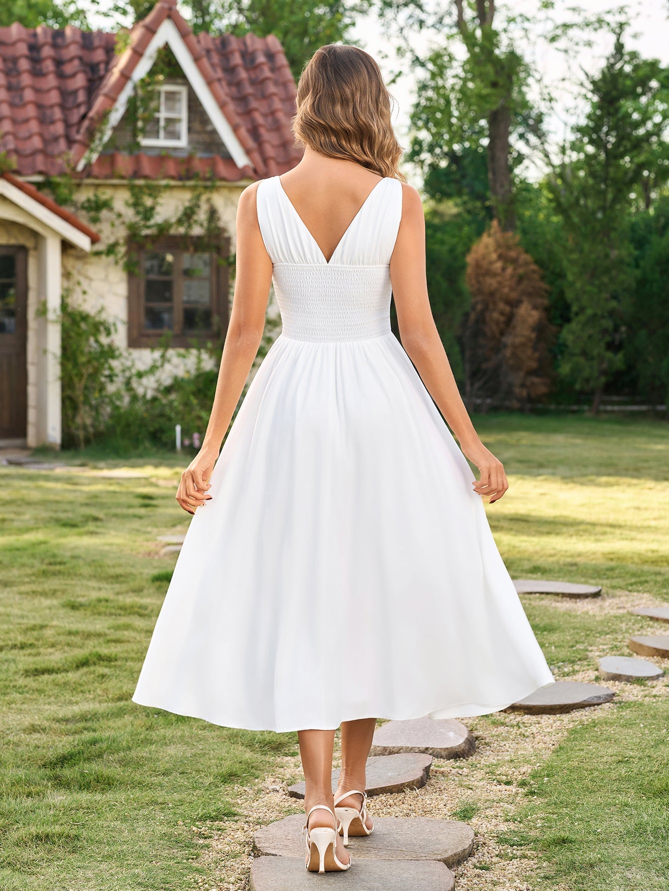Deep V-Neck Ruched Embellished Button Maxi Dress