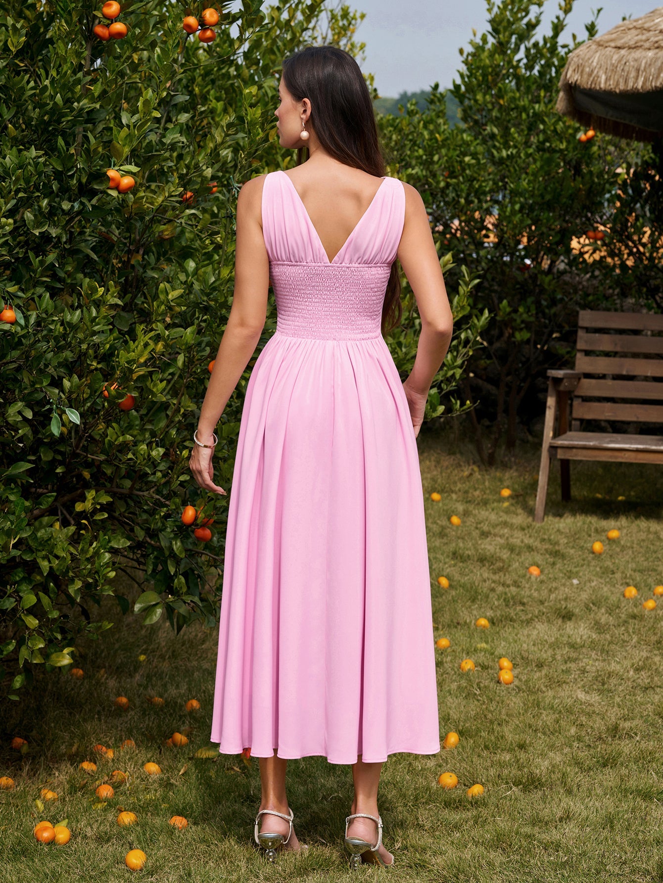 Deep V-Neck Ruched Embellished Button Maxi Dress