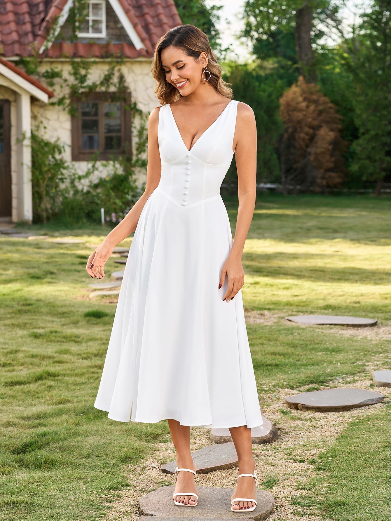 Deep V-Neck Ruched Embellished Button Maxi Dress