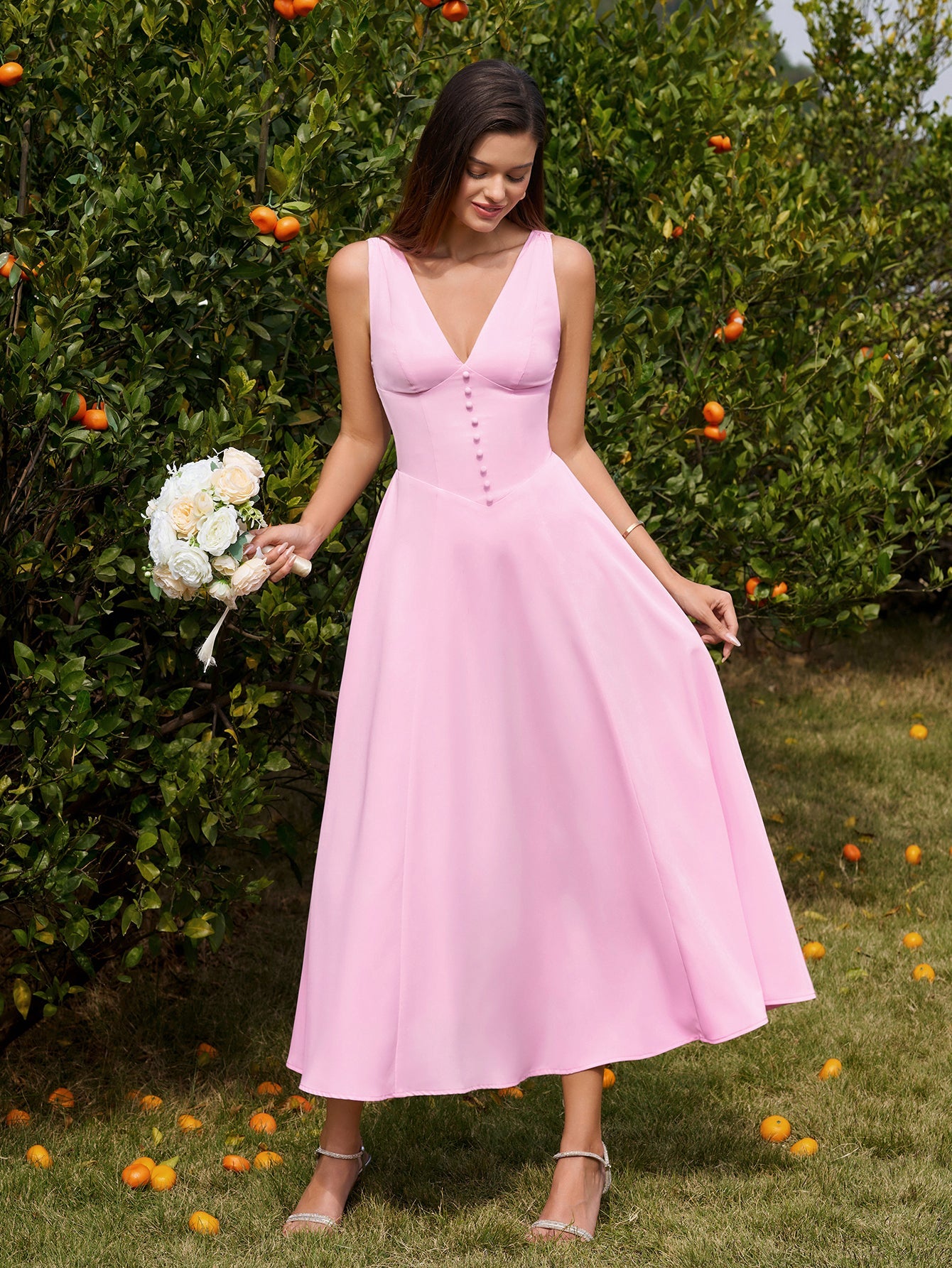 Deep V-Neck Ruched Embellished Button Maxi Dress