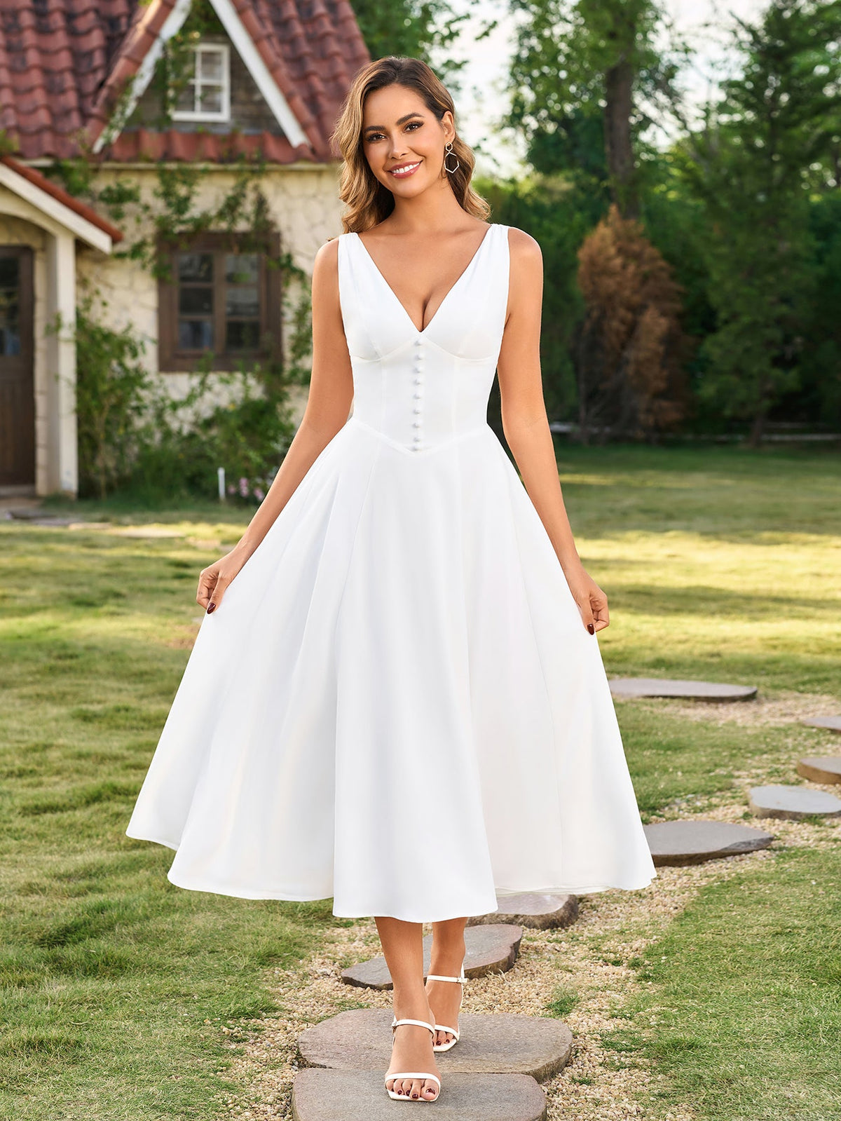 Deep V-Neck Ruched Embellished Button Maxi Dress