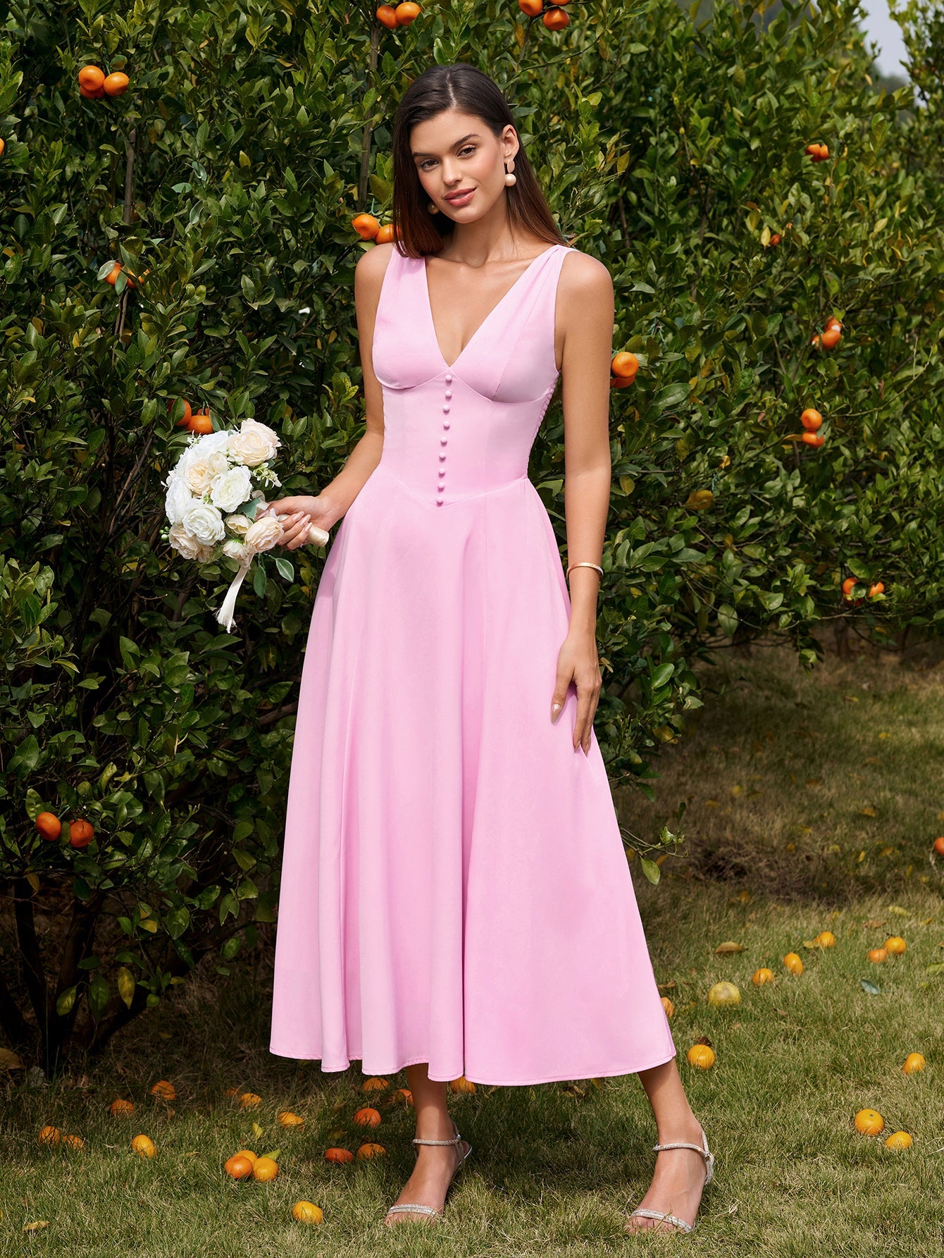 Deep V-Neck Ruched Embellished Button Maxi Dress