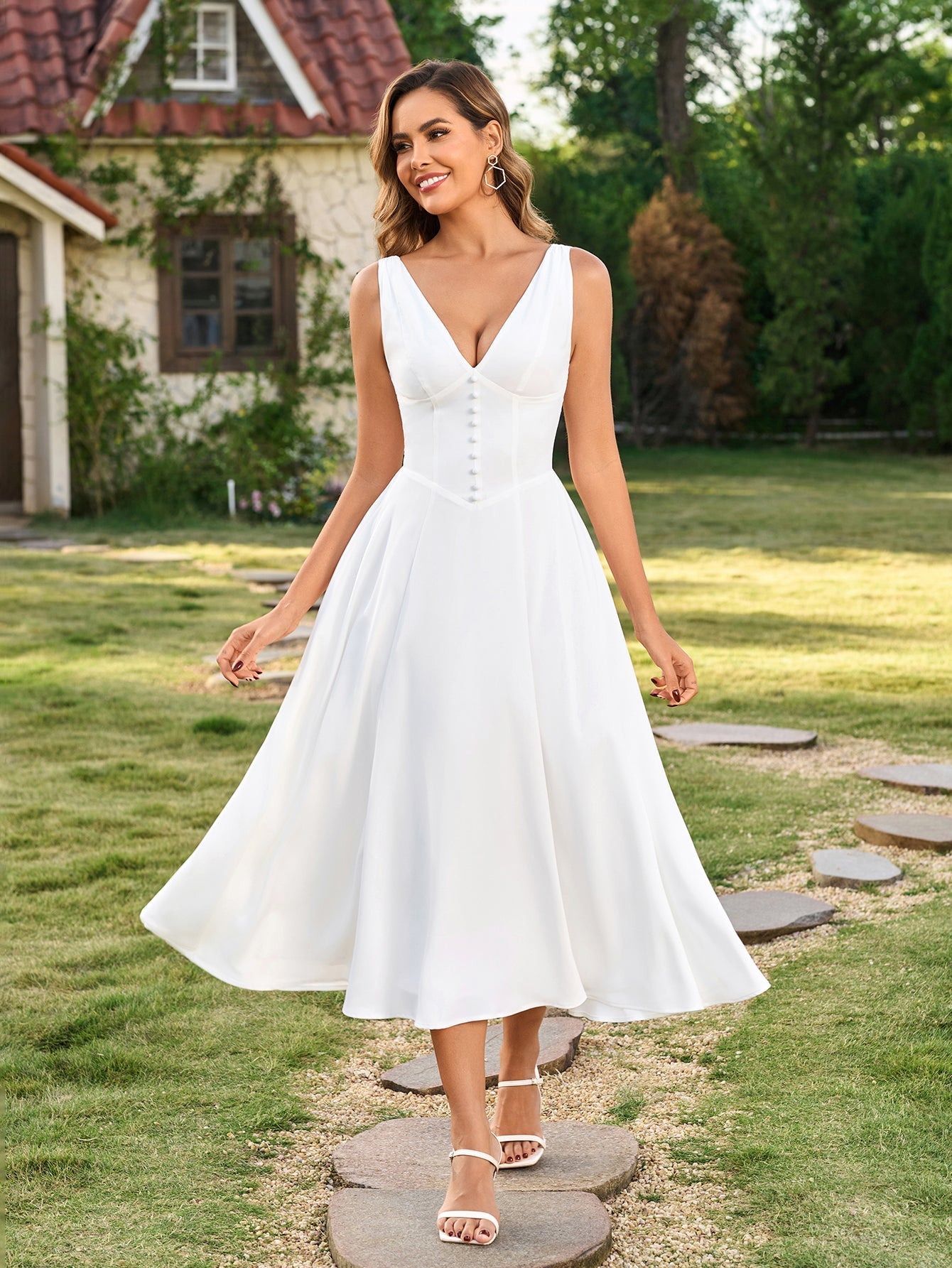 Deep V-Neck Ruched Embellished Button Maxi Dress