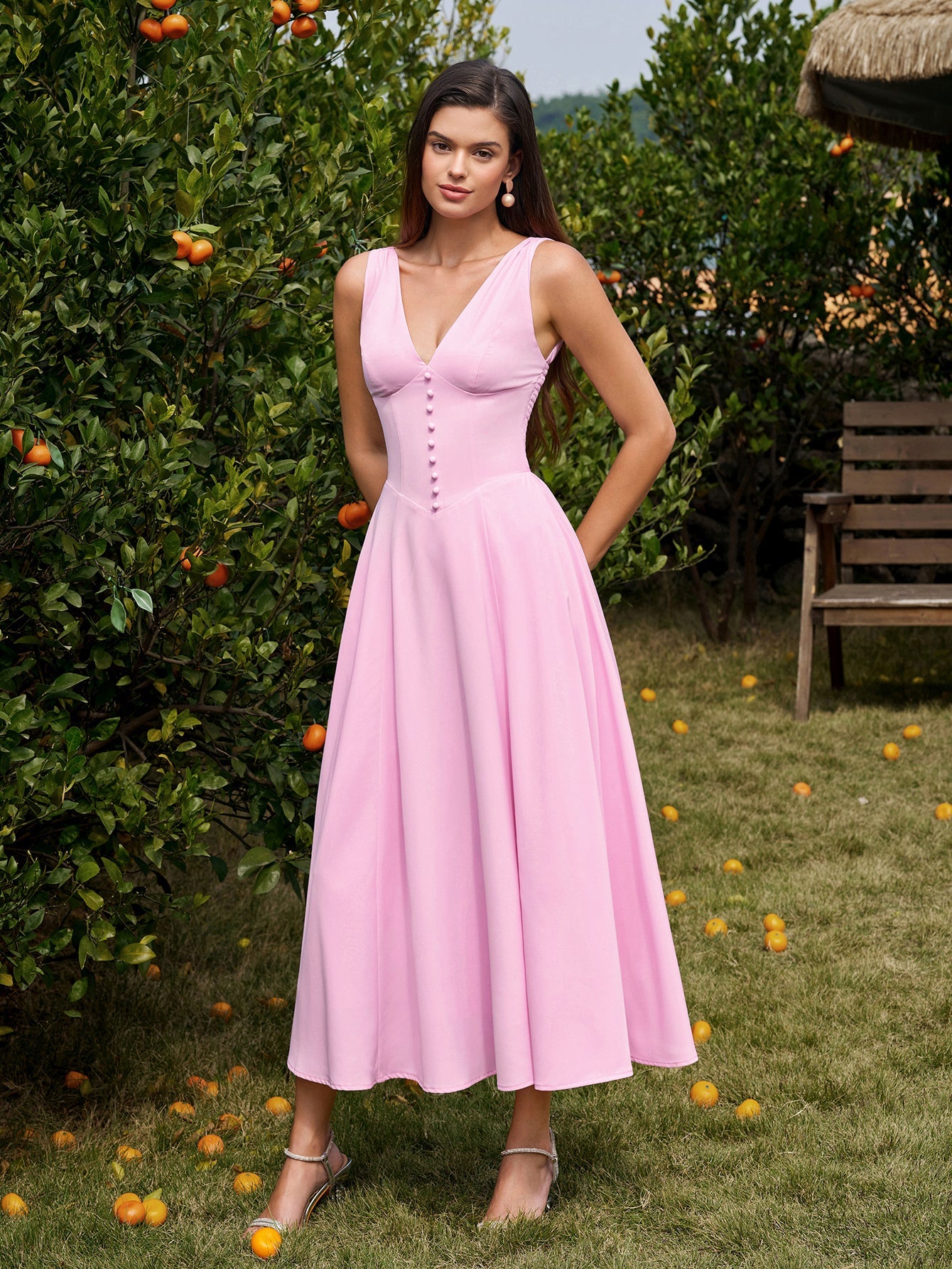 Deep V-Neck Ruched Embellished Button Maxi Dress