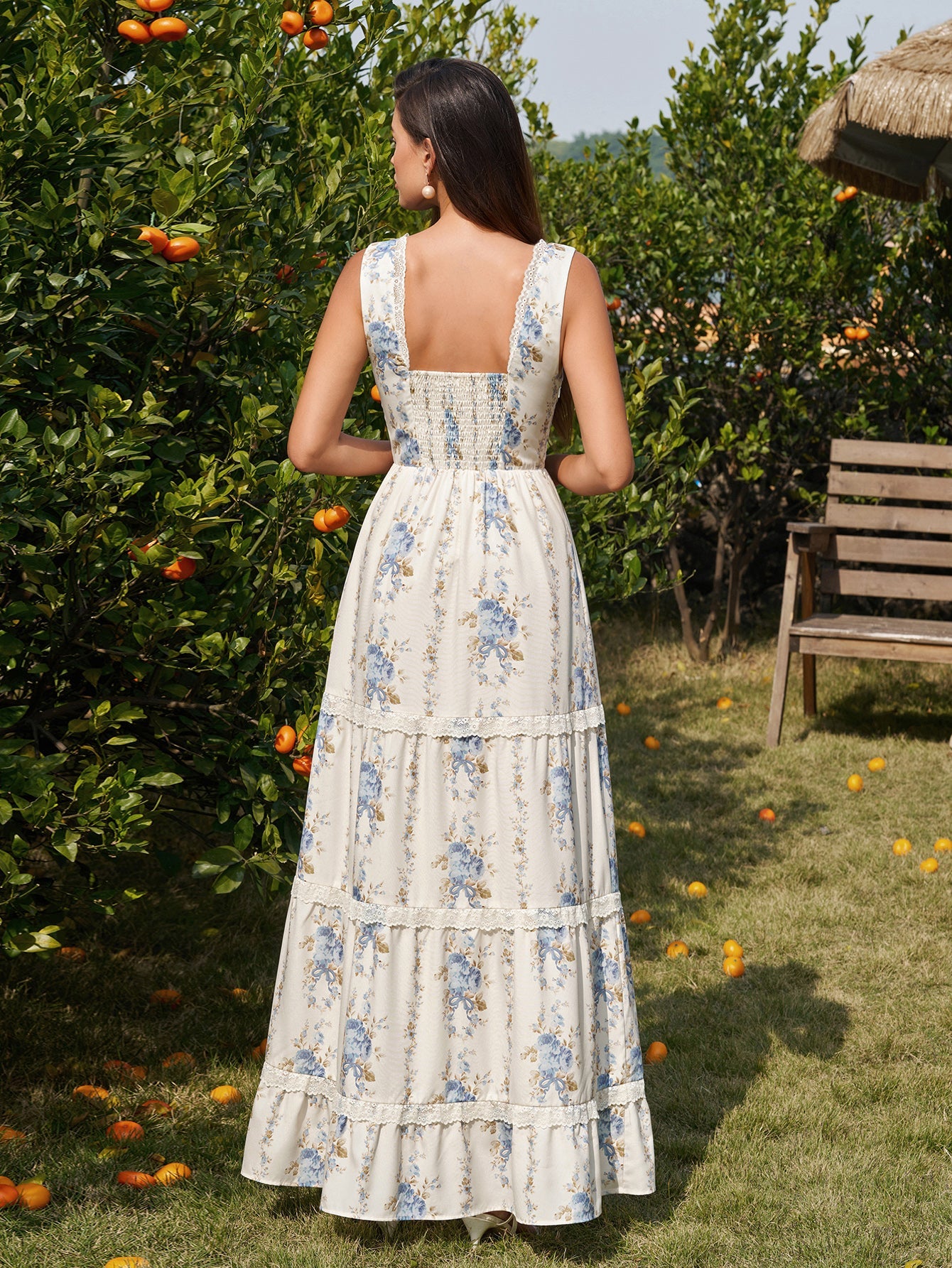 Deep V-Neck Ruched Lace Trim Floral Print Dress