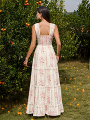 Deep V-Neck Ruched Lace Trim Floral Print Dress