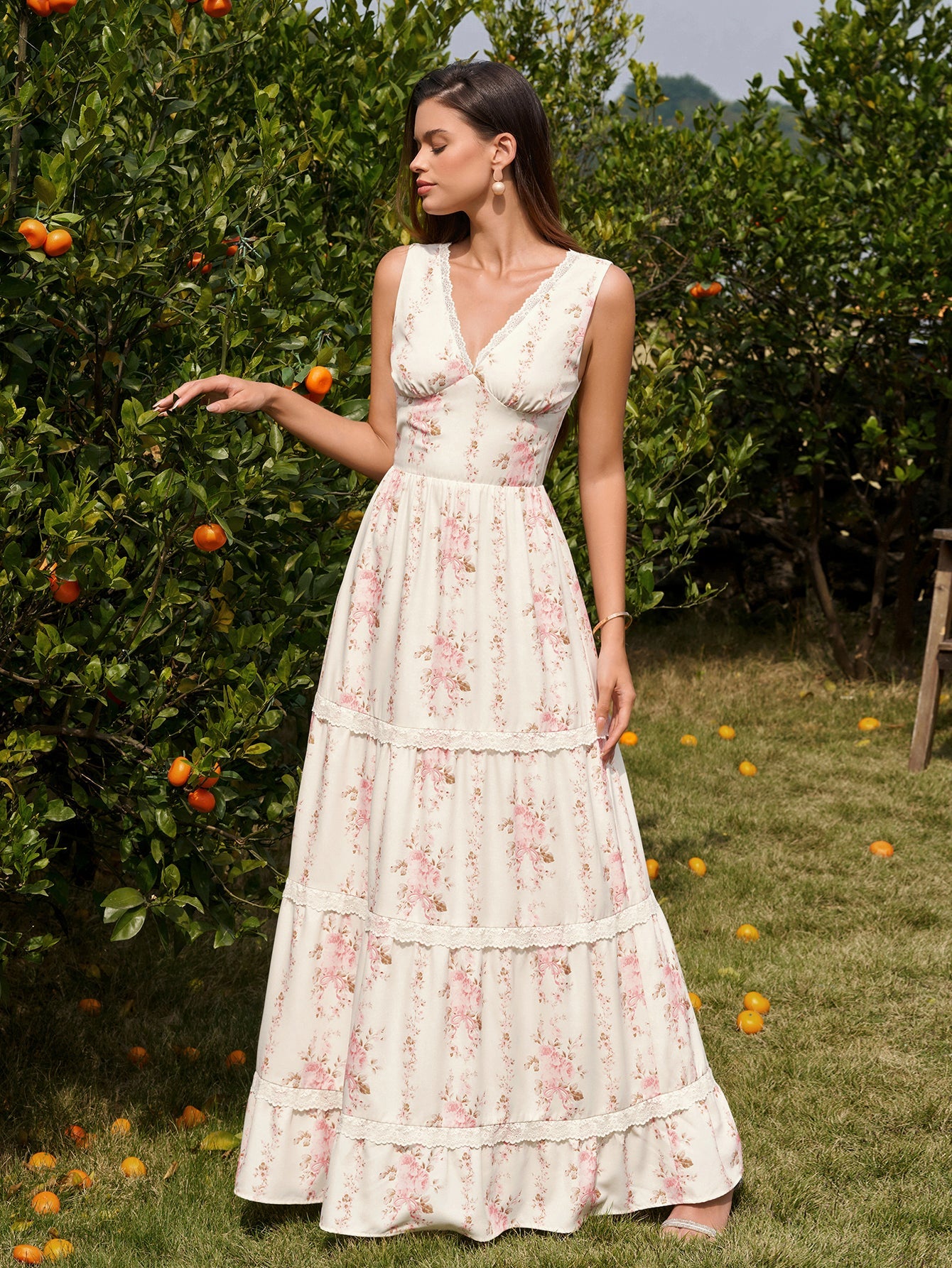 Deep V-Neck Ruched Lace Trim Floral Print Dress