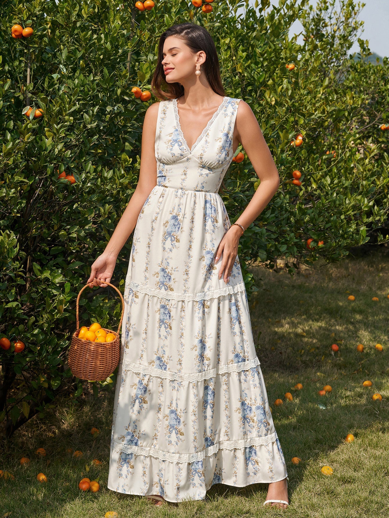 Deep V-Neck Ruched Lace Trim Floral Print Dress