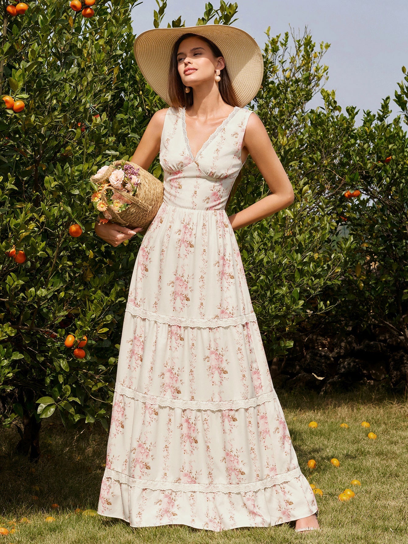 Deep V-Neck Ruched Lace Trim Floral Print Dress