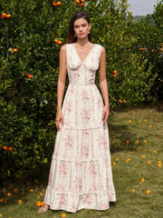 Deep V-Neck Ruched Lace Trim Floral Print Dress