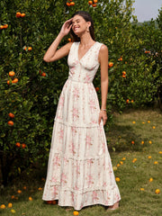 Deep V-Neck Ruched Lace Trim Floral Print Dress