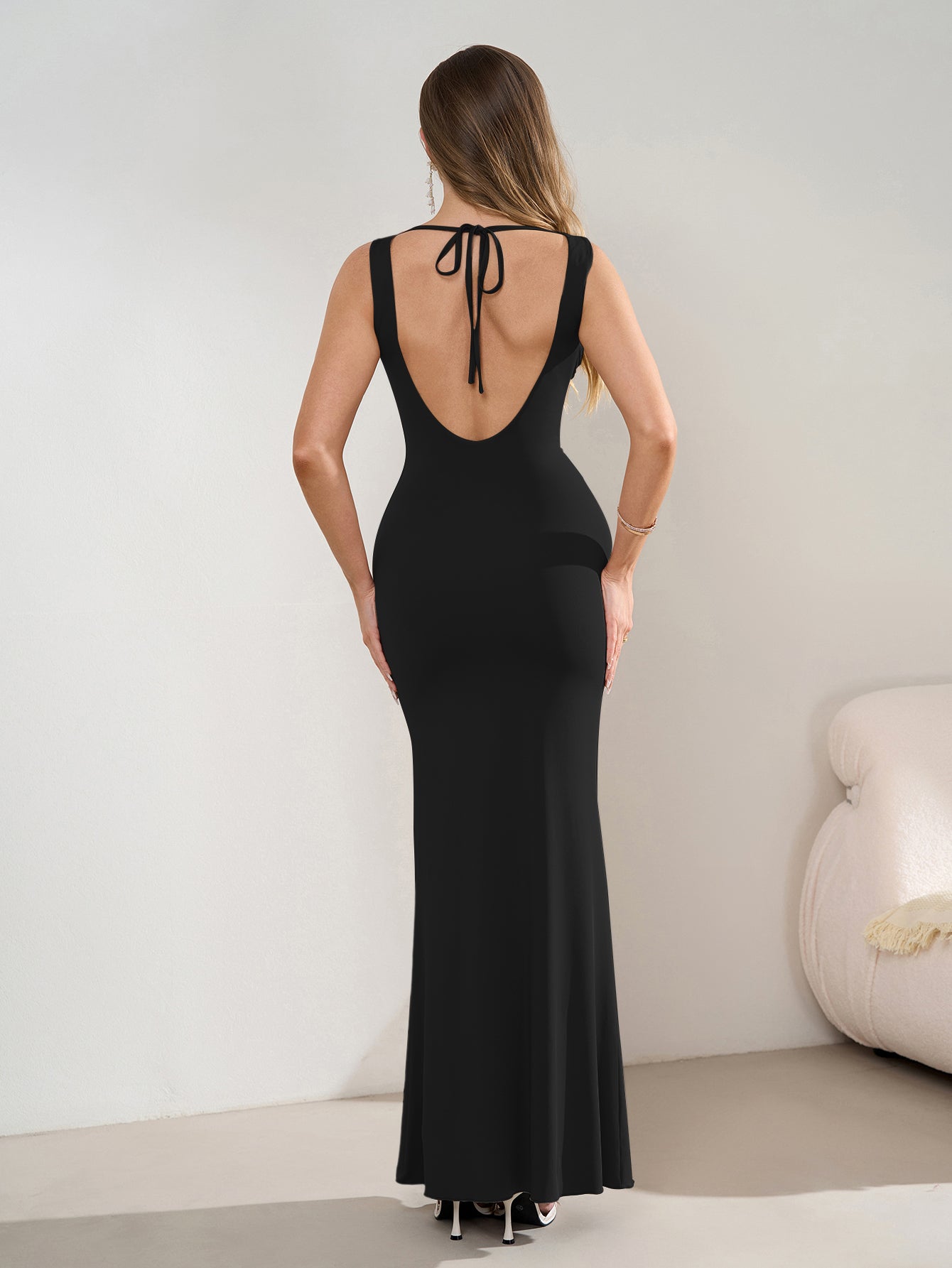 Deep V-Neck Ruched Waist Tie Backless Bodycon Dress