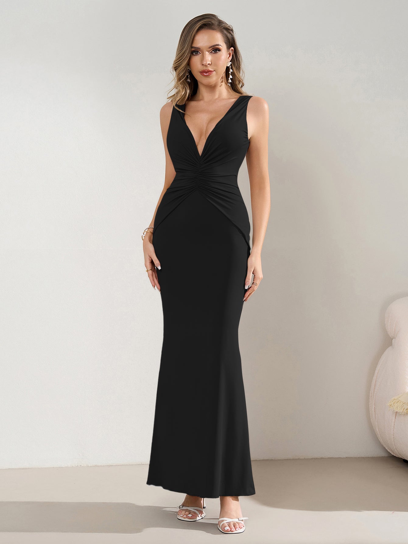 Deep V-Neck Ruched Waist Tie Backless Bodycon Dress