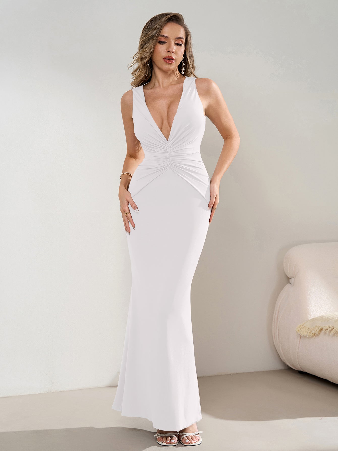 Deep V-Neck Ruched Waist Tie Backless Bodycon Dress